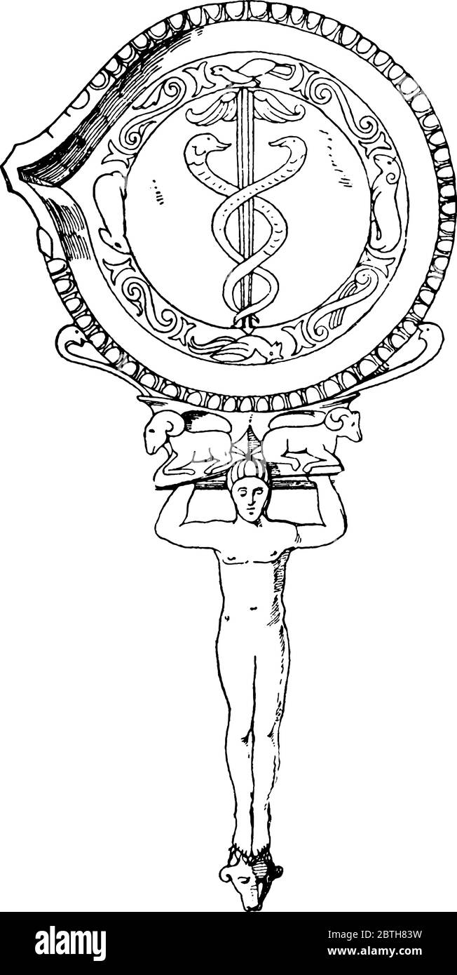 Questa Patera antica ha un labbro ed è fatta di bronzo. Si tratta di un vaso a cucchiaio più grande o piatto manipolato tipicamente utilizzato per scopi religiosi, vin Illustrazione Vettoriale