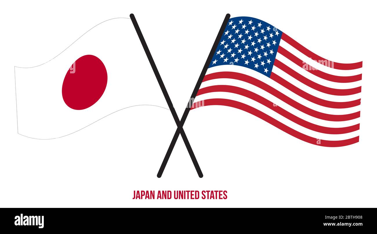 Bandiera giapponese e statunitense in stile piatto e ondulato. Proporzione ufficiale. Colori corretti. Foto Stock