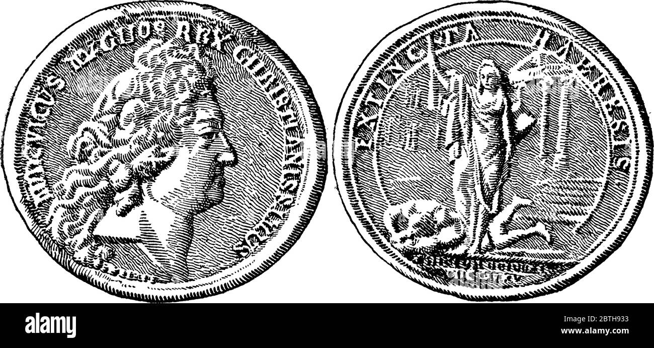 Medaglia di Luigi XIV ha voluto con Luigi il grande, il re più cristiano da un lato e eresia estinto dall'altro lato, vintage linea di disegno o eng Illustrazione Vettoriale