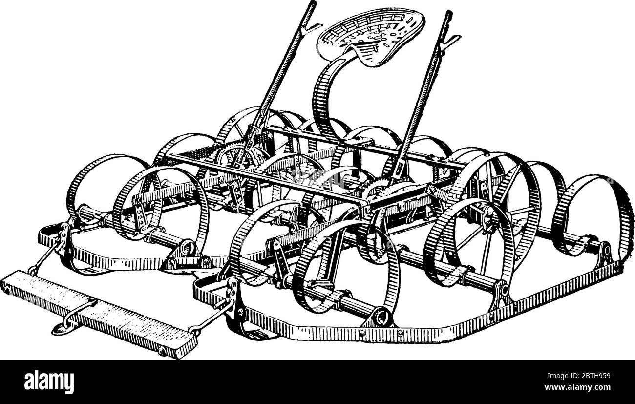Una macchina di Agricoltura usata per finchè il suolo dove raccolti o semi devono essere piantati, disegno di linea di annata o illustrazione di incisione. Illustrazione Vettoriale