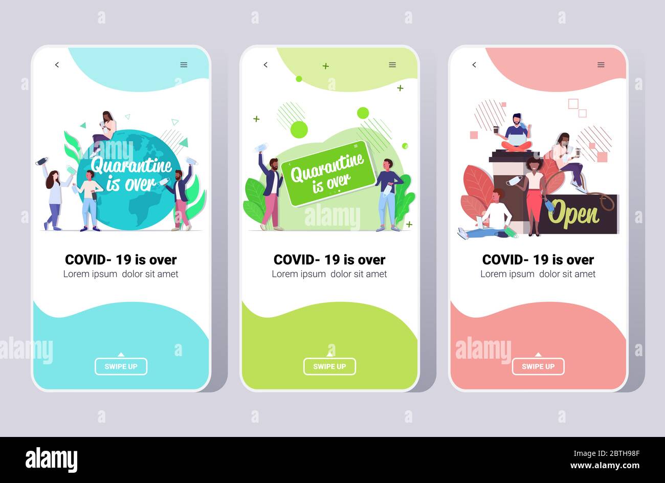 impostare le persone che festeggiano la vittoria su covid-19 coronavirus quarantena sta per terminare smartphone schermi raccolta app mobile copia orizzontale spazio vettore illustrazione Illustrazione Vettoriale