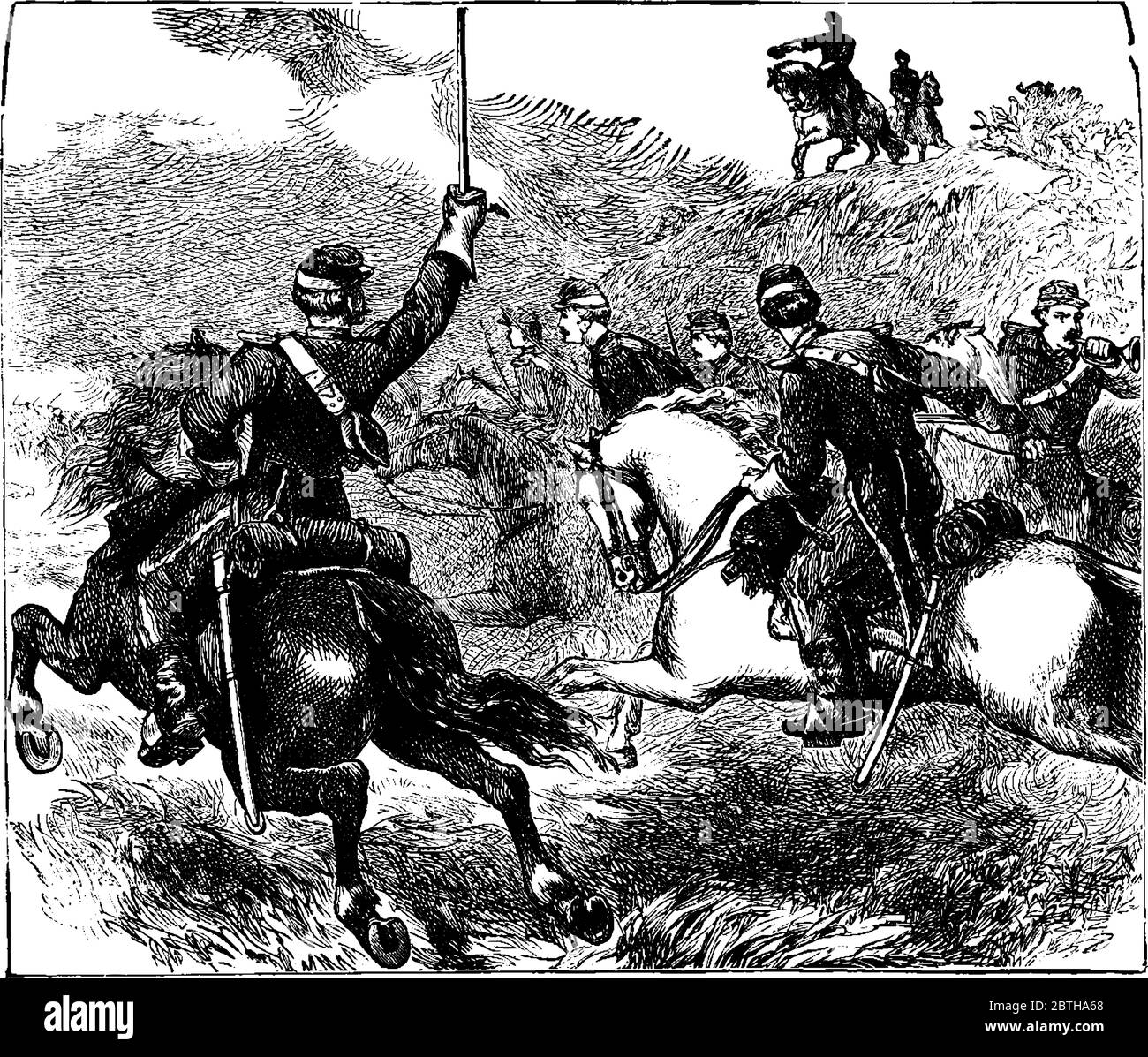 Schizzo che mostra Philip Sheridan che cavalcava un cavallo in un campo di battaglia e che tiene in mano la spada sollevata, il disegno di linee vintage o l'incisione illustrante rapporto Illustrazione Vettoriale