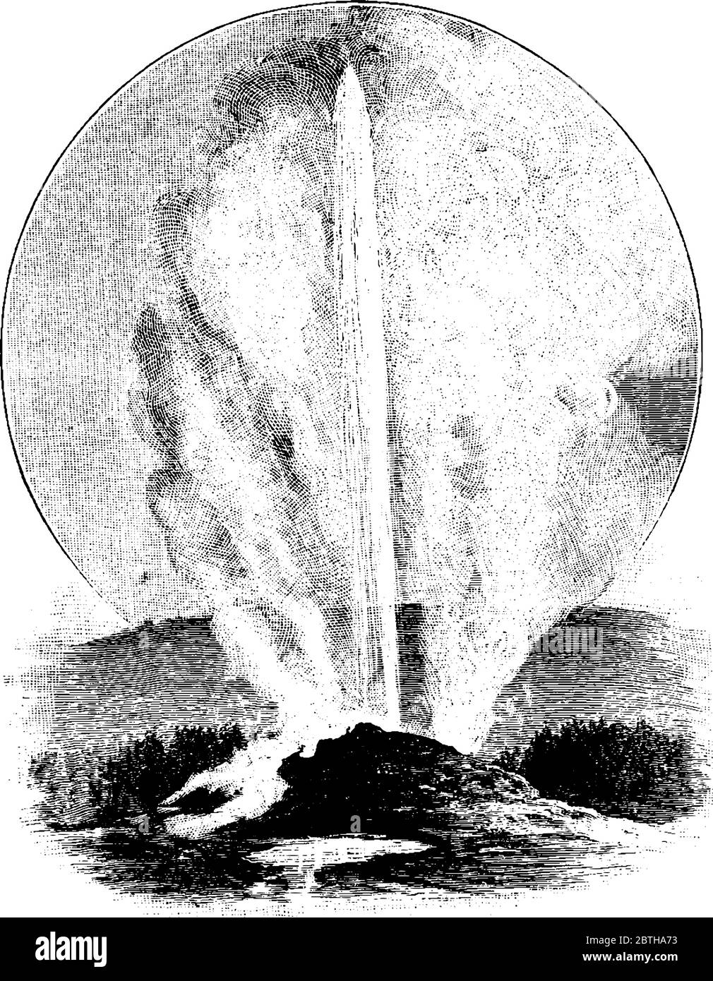 Immagine che mostra l'eruzione di una grande sorgente e l'acqua che esce, disegno di linee vintage o illustrazione di incisione. Illustrazione Vettoriale