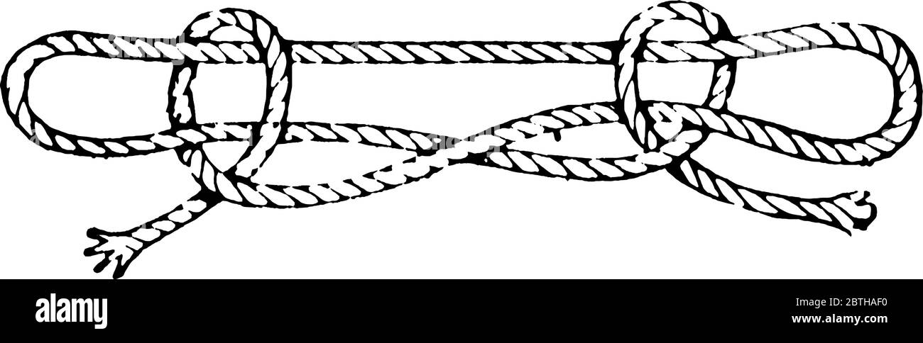 Rappresenta, sheepshank. Il loop di un nodo è chiamato come, luminoso; la parte opposta all'estremità libera della corda è chiamata come, parte in piedi, linea vintage Illustrazione Vettoriale