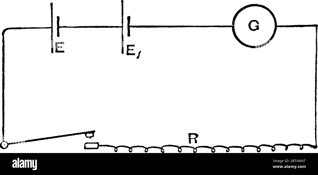 Illustrazione del metodo di assistenza e di contrasto utilizzato per misurare la resistenza della batteria, disegno di linee vintage o illustrazione dell'incisione. Illustrazione Vettoriale