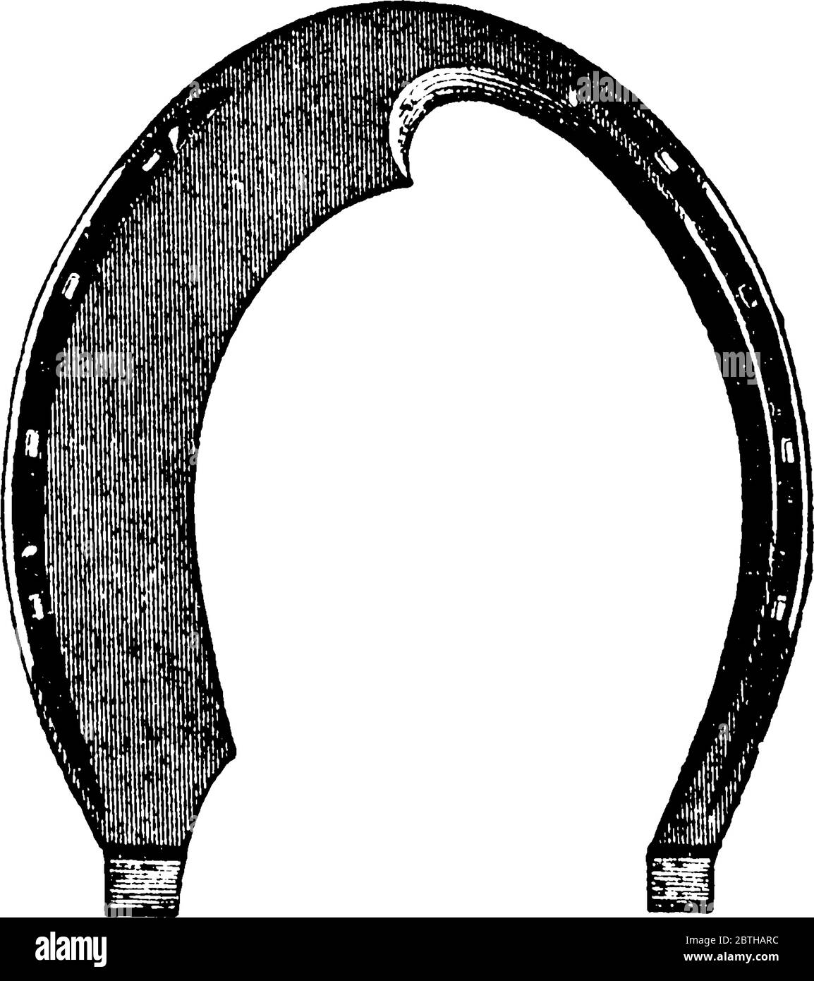 Horseshoe è una piastra metallica a forma di U, che protegge gli zoccoli dei cavalli, disegno di linee d'epoca o illustrazione dell'incisione. Illustrazione Vettoriale