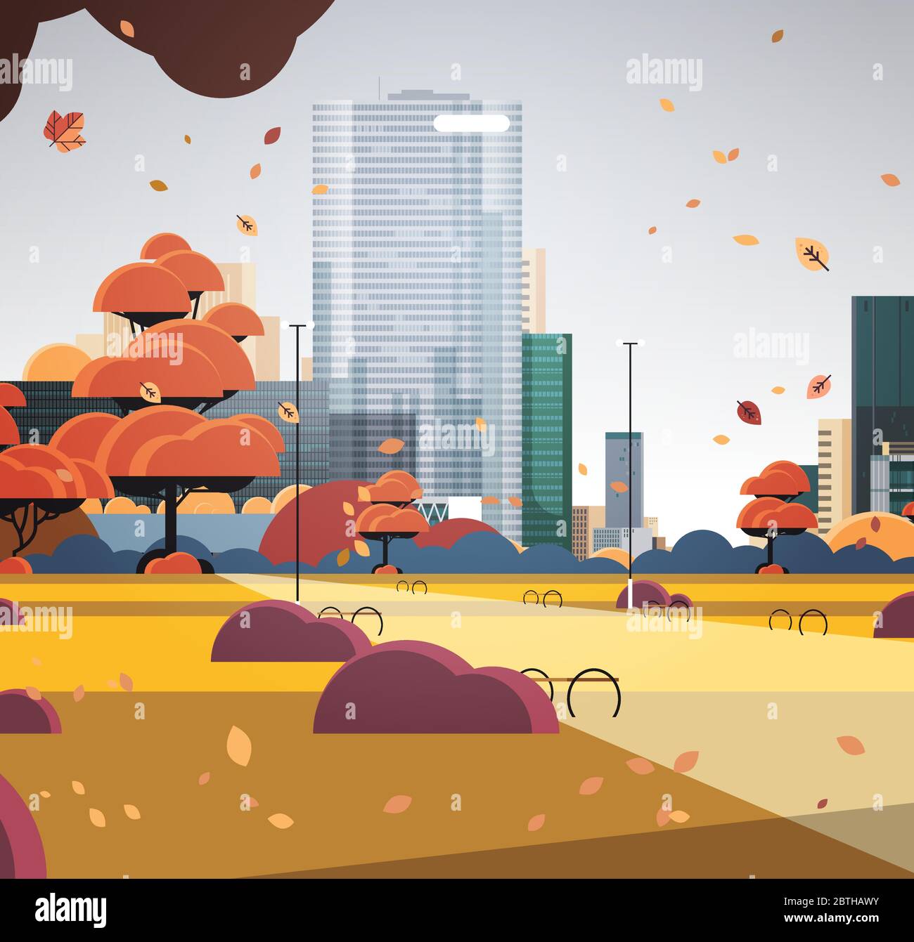 autunno urbano parco città skyline con foglie gialle che cadono in luce solare skyskraper edifici paesaggio urbano sfondo illustrazione vettoriale Illustrazione Vettoriale
