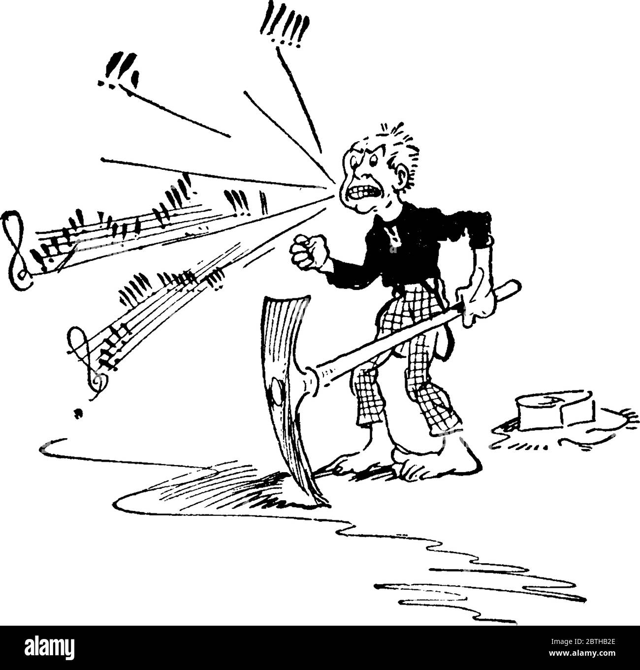 Cartoon che mostra l'immagine di un giovane uomo che tiene l'ascia nelle mani e che si muove in avanti , disegno di linea vintage o illustrazione di incisione. Illustrazione Vettoriale