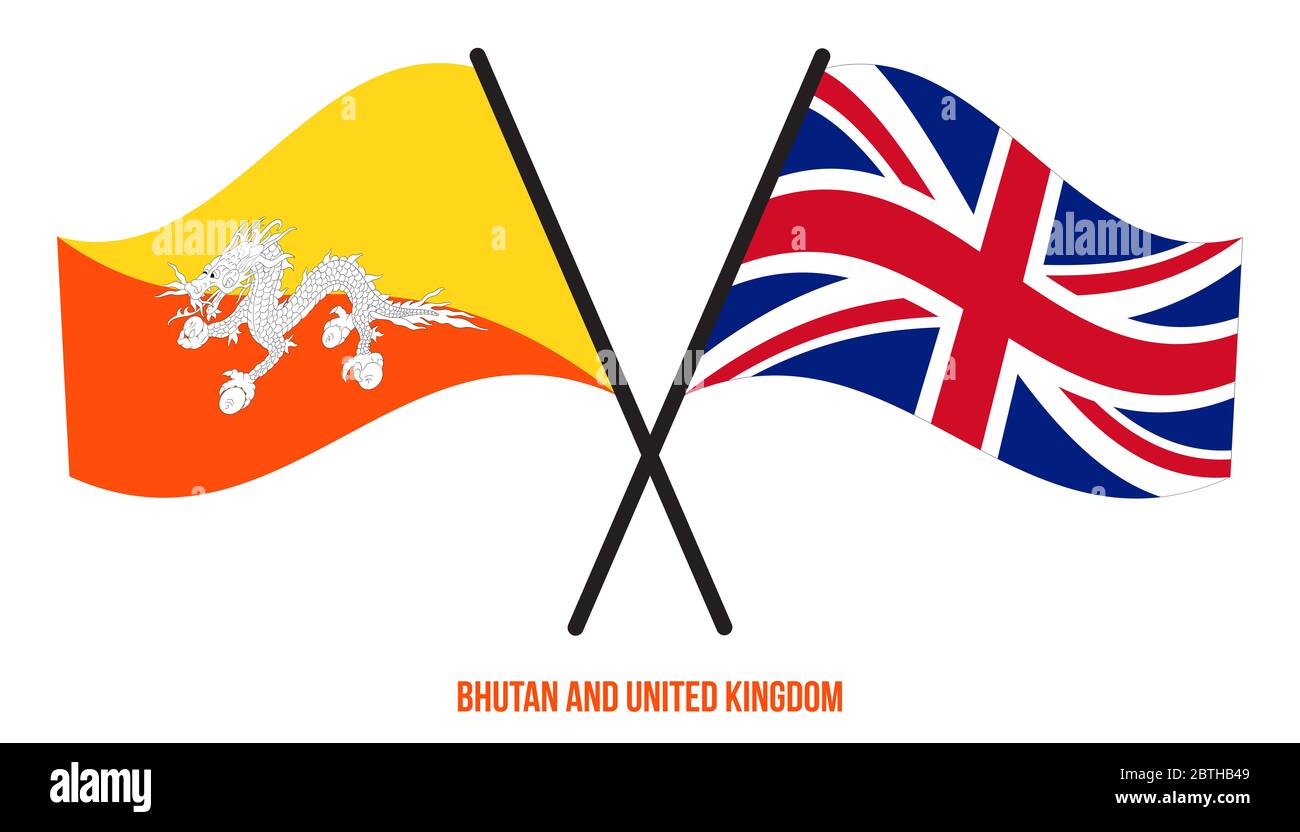 Bhutan e Regno Unito Bandiere incrociate e ondulate stile piatto. Proporzione ufficiale. Colori corretti. Foto Stock