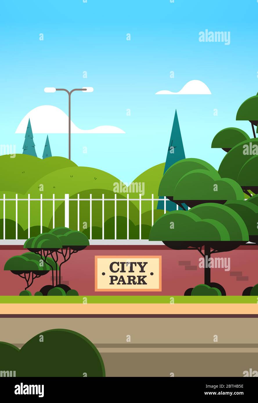 city park cartello su recinzione bella estate giorno alba paesaggio sfondo verticale vettore illustrazione Illustrazione Vettoriale