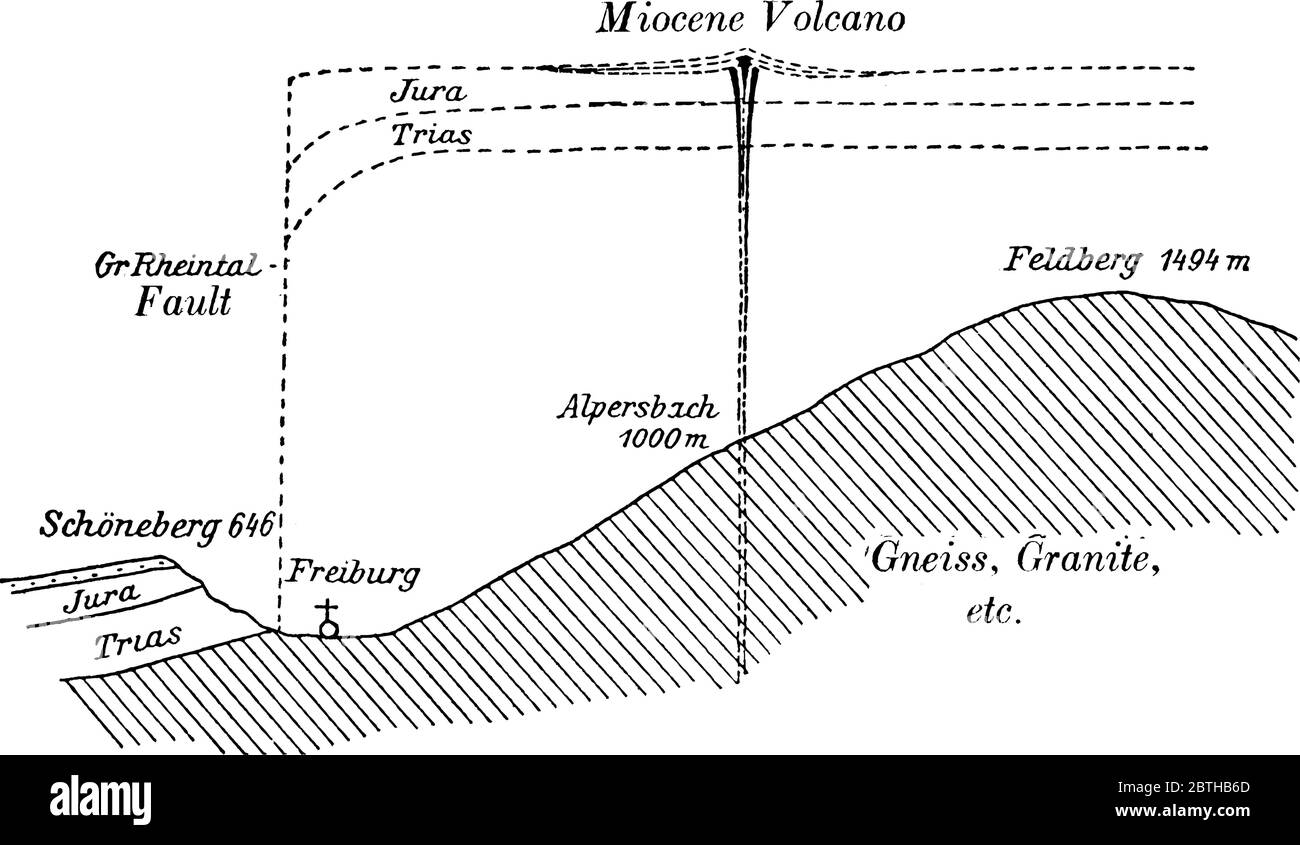 Sezione schematica della Regione di Friburgo che mostra la natura e l'artificiale della zona, disegno di linee d'annata o incisione il Illustrazione Vettoriale