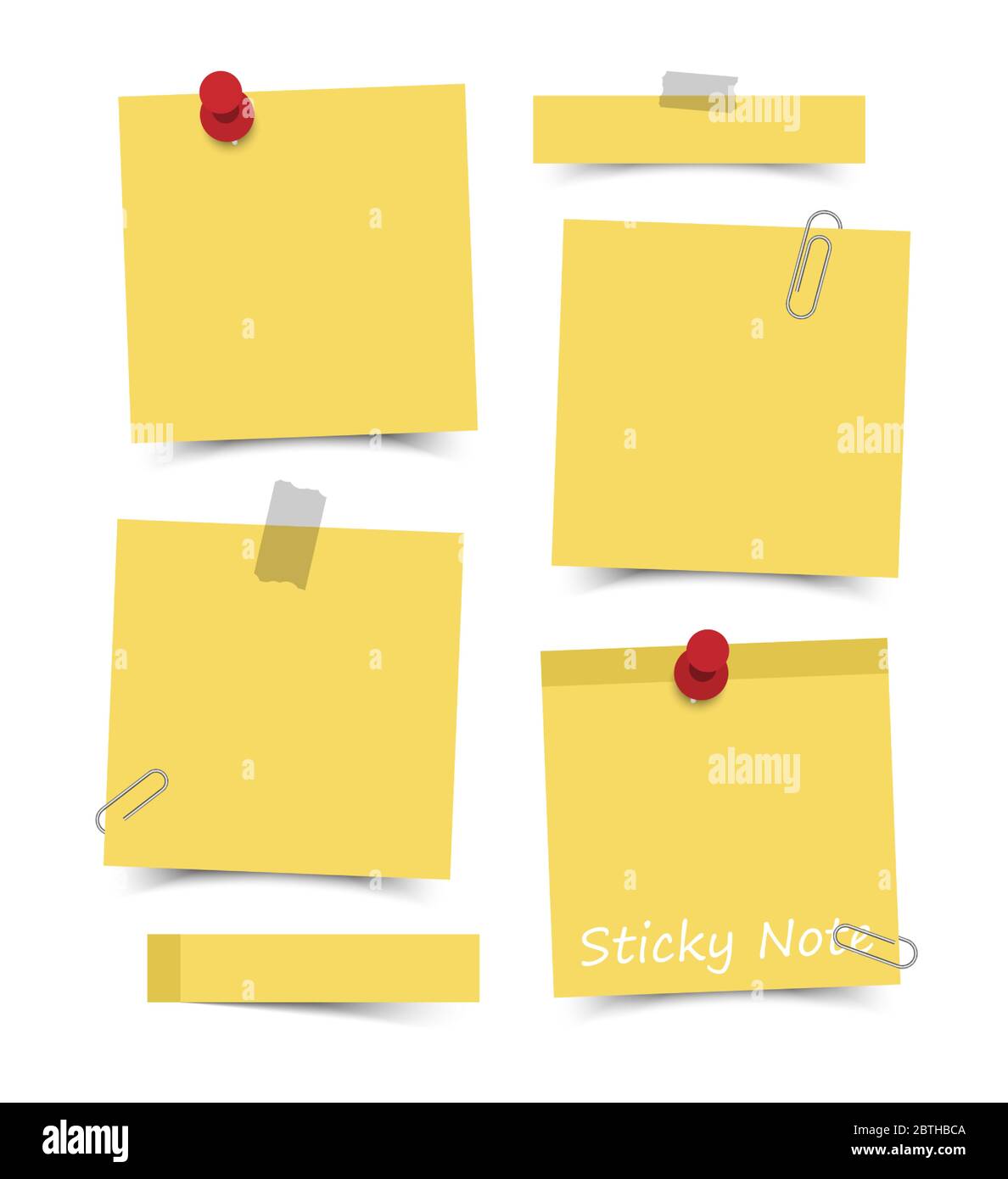 Disegno piatto di colore giallo con note adesive con pin rosso , nastro adesivo e graffetta su sfondo bianco . Vettore . Illustrazione Vettoriale
