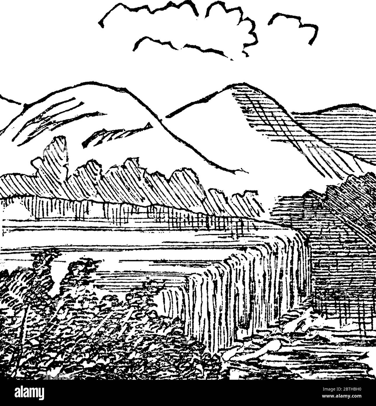 Una rappresentazione tipica di una diga, di una riva di terra, o di qualsiasi parete, o di una cornice di legno, per ostruire il flusso di acqua., disegno di linea d'annata o incisione i Illustrazione Vettoriale
