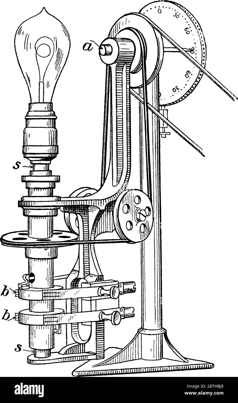 Rotatore, utilizzato in fotometria, per la misura della luce, in cui la lampada da testare è montata su un mandrino girevole, disegno di linea vintage o en Illustrazione Vettoriale