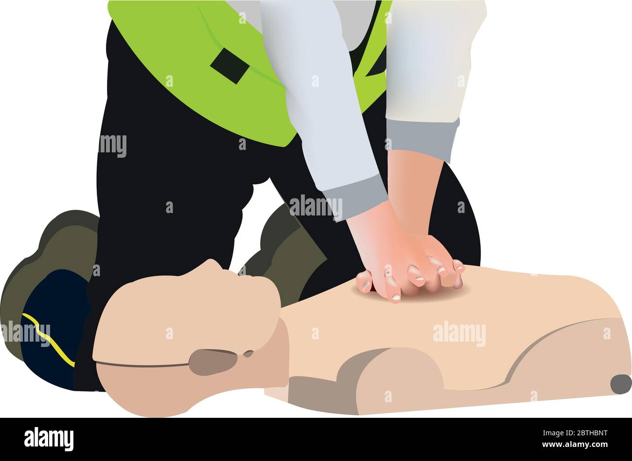 Illustrazione del vettore di rianimazione cardiopolmonare o RCP. Tecnica BLS su manichino eseguita da paramedico. Illustrazione Vettoriale