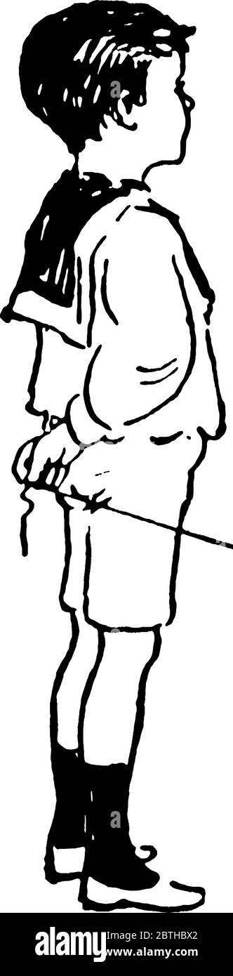 Un ragazzino che indossa un pantalone che gli piega le mani sul retro e tira una corda, un disegno di linea vintage o un'illustrazione di incisione. Illustrazione Vettoriale