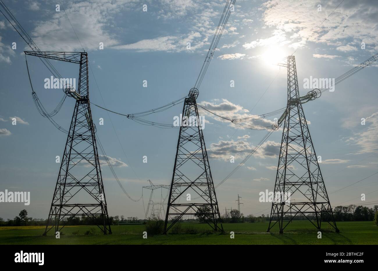 Poli elettrici e linee ad alta tensione nel campo con nuvole e cielo blu. Foto Stock