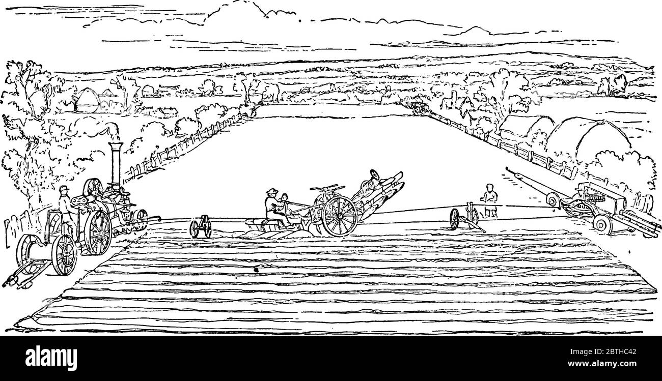 Pochi uomini che utilizzano Fowlers Steam-Plow, motore a vapore utilizzato per l'aratura, in azienda, disegno di linea vintage o illustrazione di incisione. Illustrazione Vettoriale