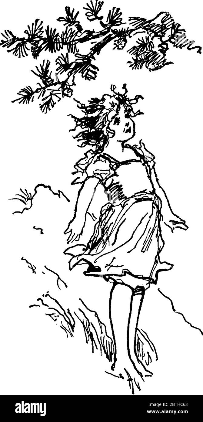 L'immagine raffigura una bambina nel suo vestito bianco, a piedi nel campo della fattoria, con il vento che soffia i suoi capelli e vestiti, disegno di linea vintage o engler Illustrazione Vettoriale