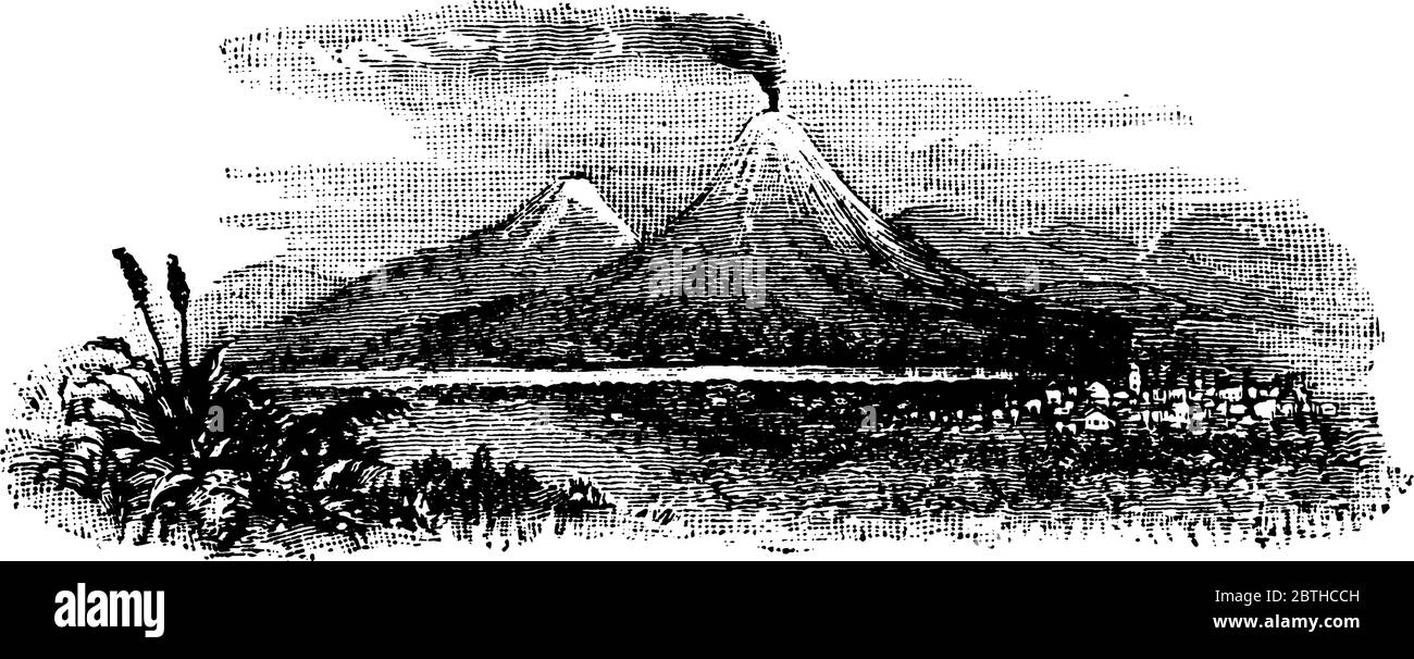 Immagine che mostra l'eruzione di una montagna, il disegno di una linea vintage o l'illustrazione dell'incisione. Illustrazione Vettoriale