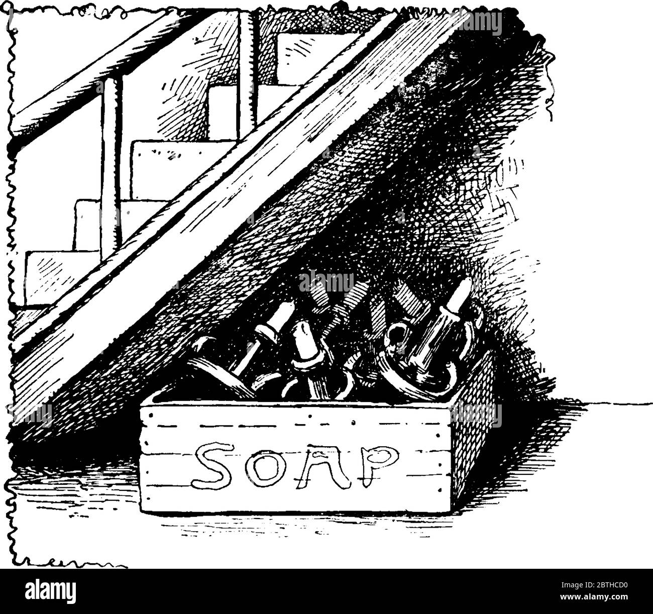 Figura che mostra la scatola sotto la scala con zuppa scritta su di essa, disegno di linea vintage o illustrazione di incisione. Illustrazione Vettoriale Figura che mostra la scatola sotto la scala con zuppa scritta su di essa, disegno di linea vintage o illustrazione di incisione. Illustrazione Vettoriale