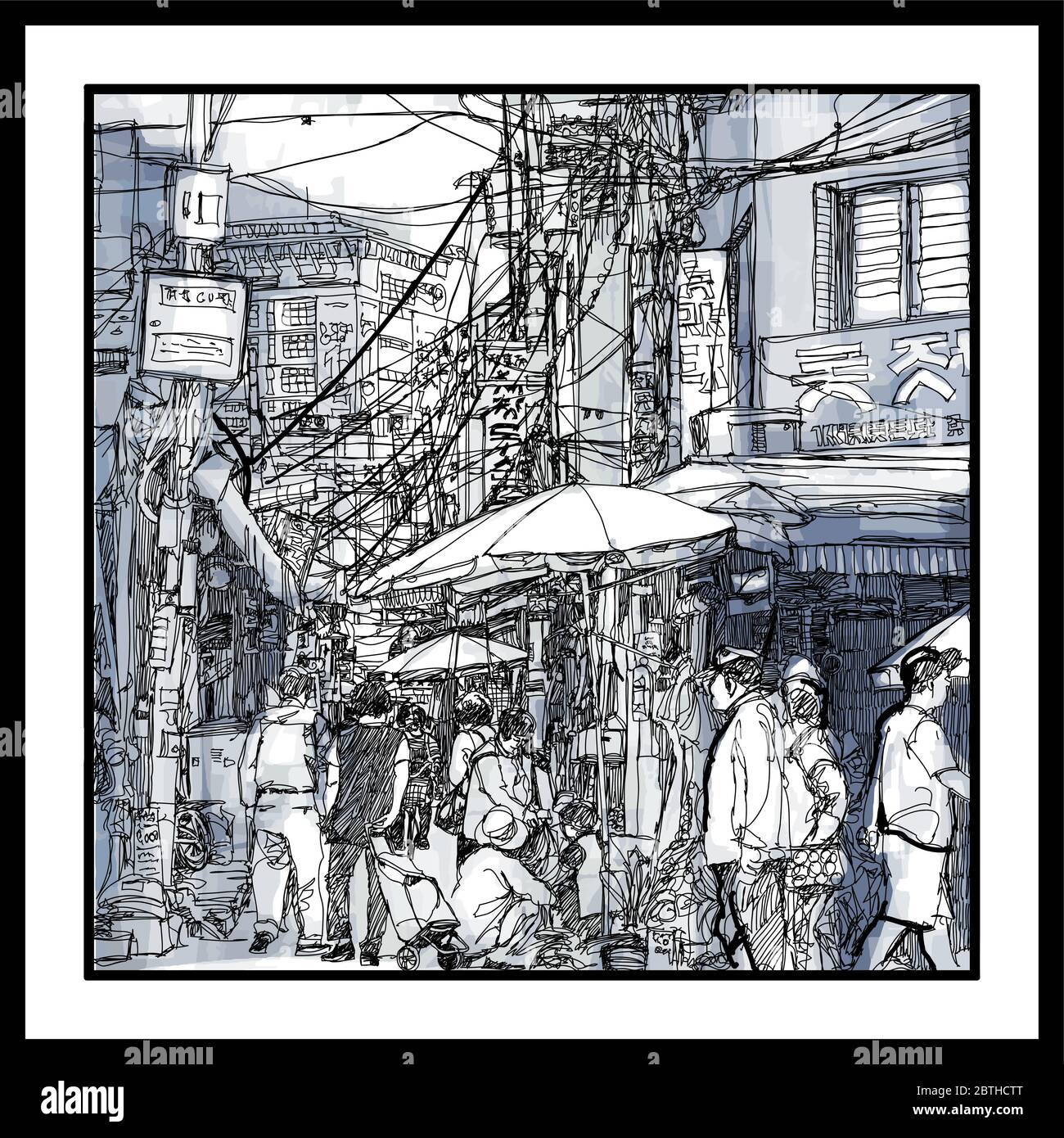 Street a Seoul Corea del Sud - illustrazione vettoriale (ideale per la stampa su tessuto o carta, poster o carta da parati, decorazione della casa) tutto il carattere coreano Illustrazione Vettoriale