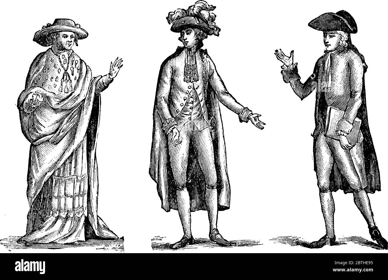 Costumi degli ordini con un abito di seta nera e un cappello adornati con pennacchi, disegno di linea vintage o illustrazione di incisione. Illustrazione Vettoriale