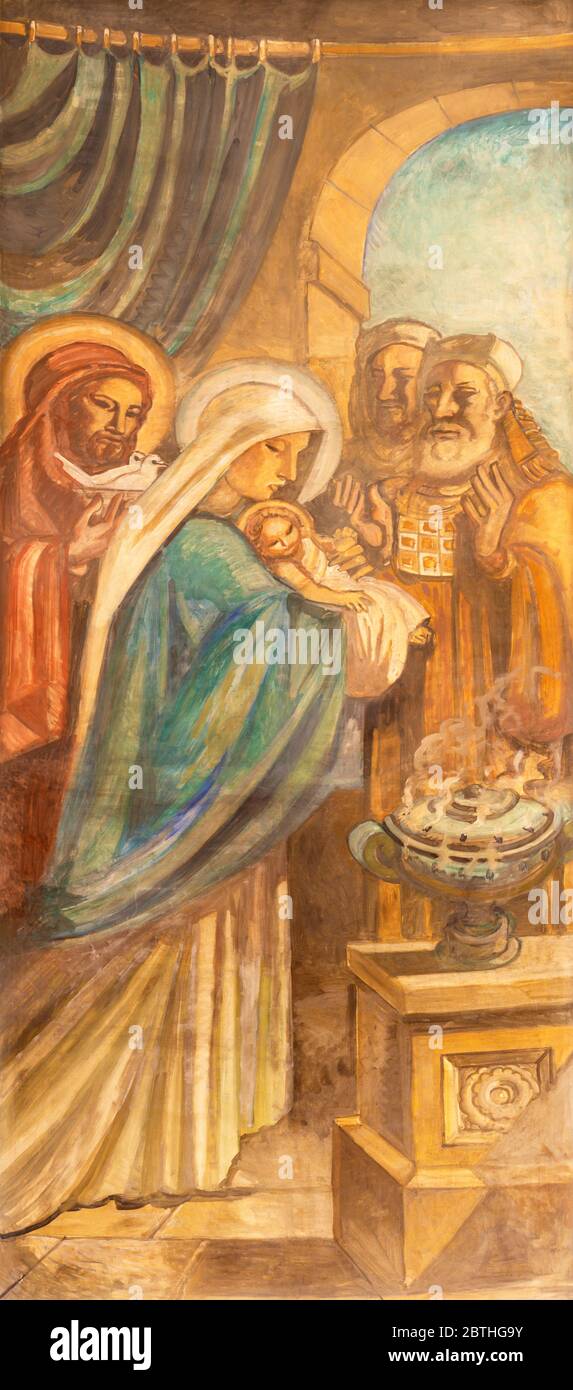 BARCELLONA, SPAGNA - 3 MARZO 2020: L'affresco di Gesù nel Tempio nella chiesa Parroquia Santa Teresa de l'Infant Gesù di Francisco Labarta. Foto Stock
