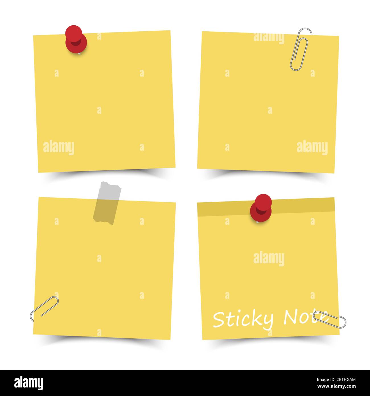 Disegno piatto di colore giallo con note adesive con pin rosso , nastro adesivo e graffetta su sfondo bianco . Vettore . Illustrazione Vettoriale