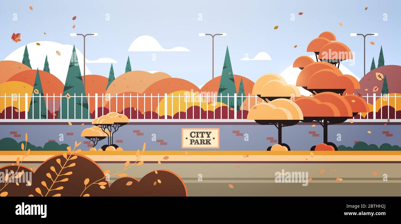 banner city park su recinzione bellissimo autunno scenico paesaggio sfondo orizzontale vettore illustrazione Illustrazione Vettoriale
