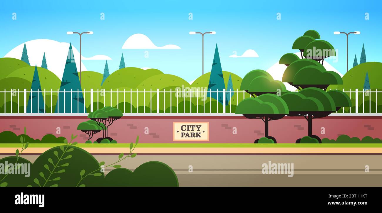 city park cartello su recinzione bella estate giorno alba paesaggio sfondo orizzontale vettore illustrazione Illustrazione Vettoriale