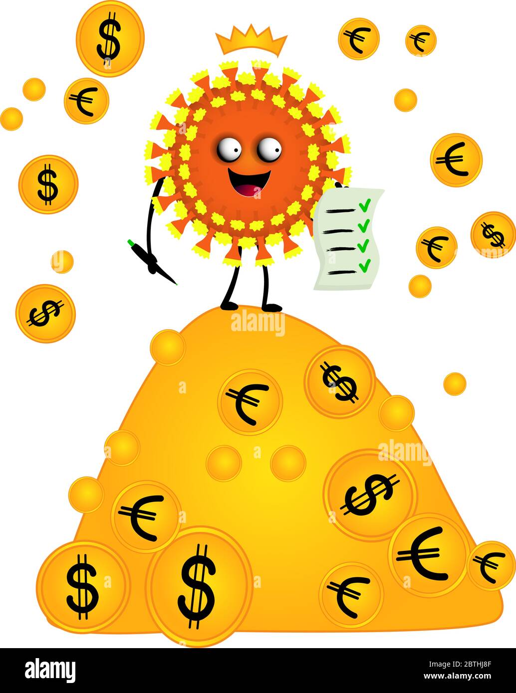 Virus divertente carattere. Coronavirus. Impatto sull'economia globale. Crisi finanziaria. Illustrazione vettoriale. Denaro e finanza Illustrazione Vettoriale