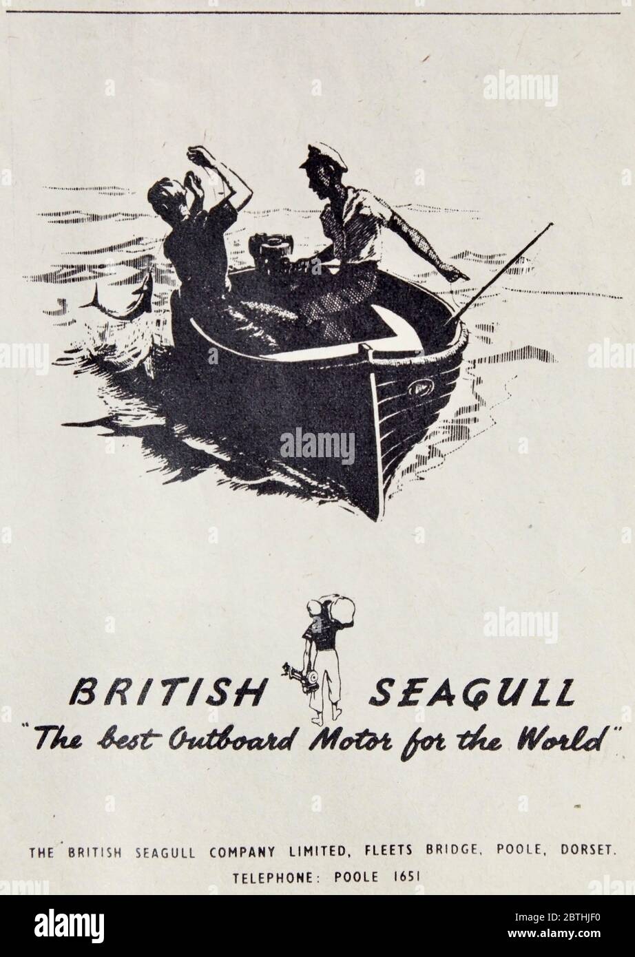 Pubblicità vintage per motori fuoribordo British Seagull. Foto Stock