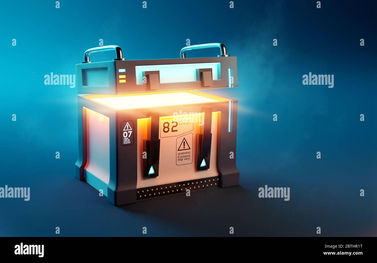 Fantasy futuristico mistero bottino scatola bottino apertura fino a rivelare i suoi contenuti a sorpresa. Illustrazione 3D. Foto Stock