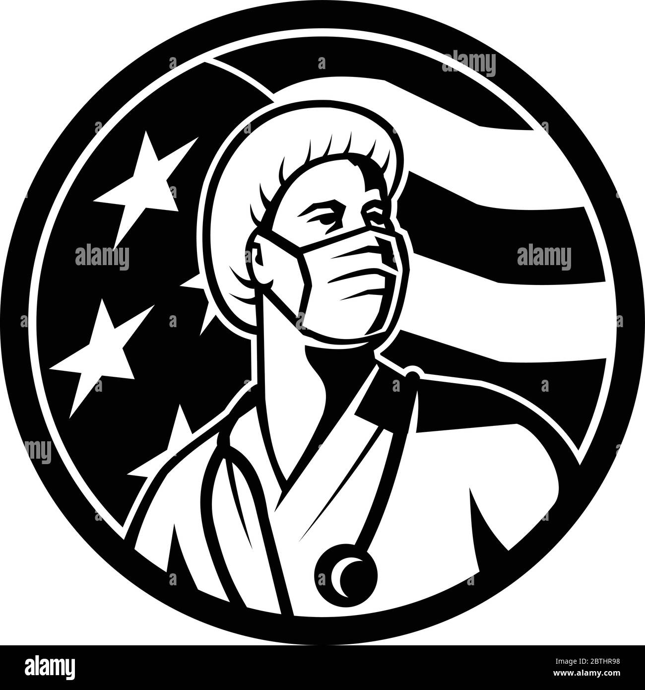 Mascot illustrazione di una femmina americana infermiera, professionista sanitario o medico, indossando maschera chirurgica guardando in su con le stelle e striscia degli Stati Uniti Illustrazione Vettoriale