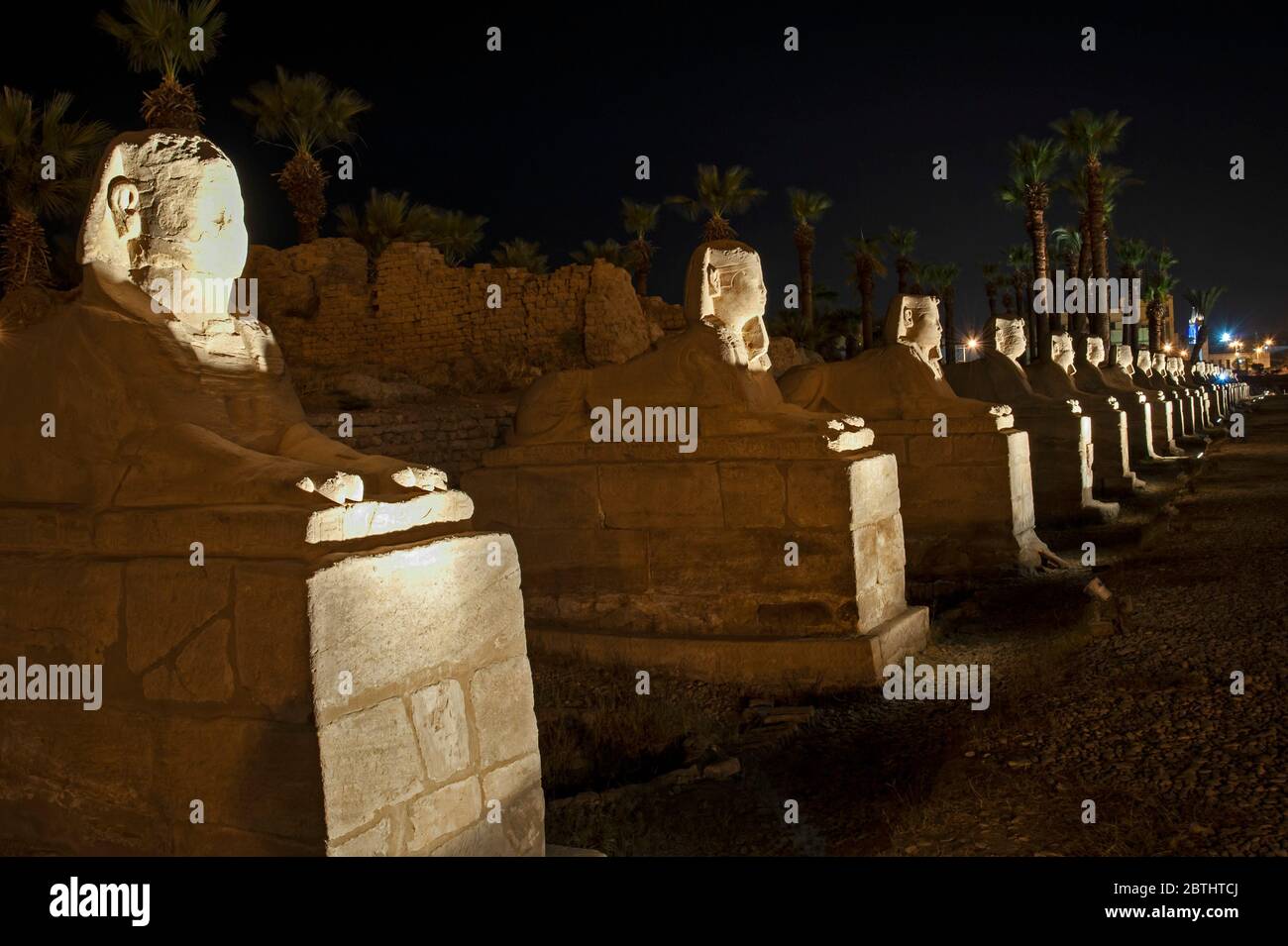 Antico viale egiziano di sfingi di pietra illuminato di notte al tempio di Luxor Foto Stock