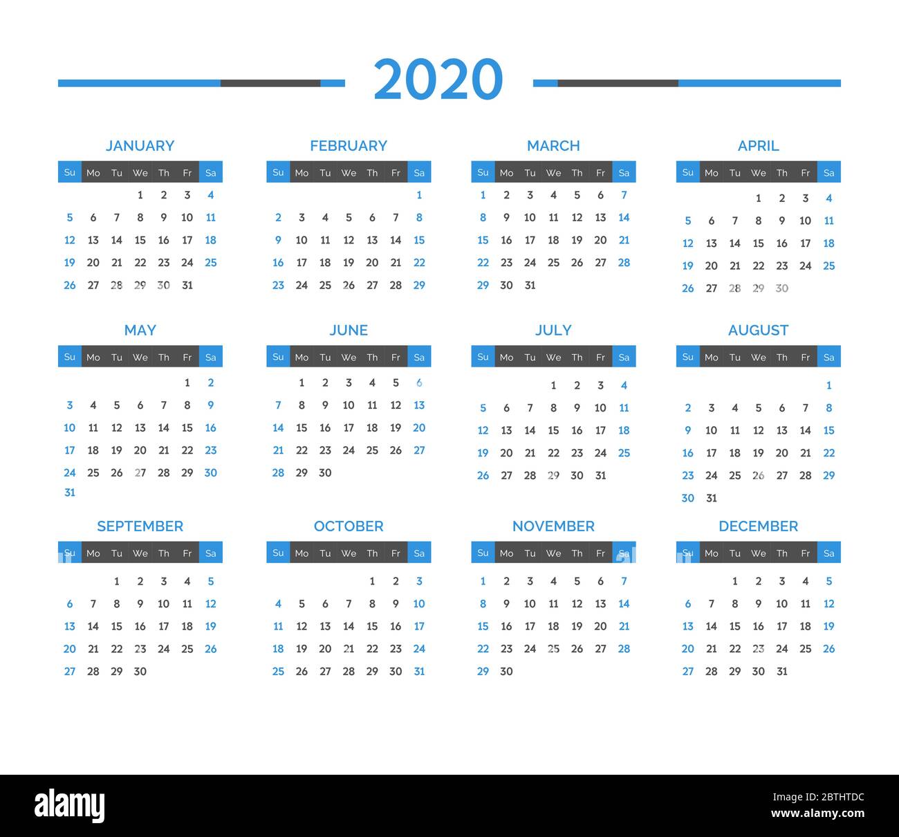 Calendario 2020 anni, gestione del tempo e organizzazione del lavoro Illustrazione Vettoriale