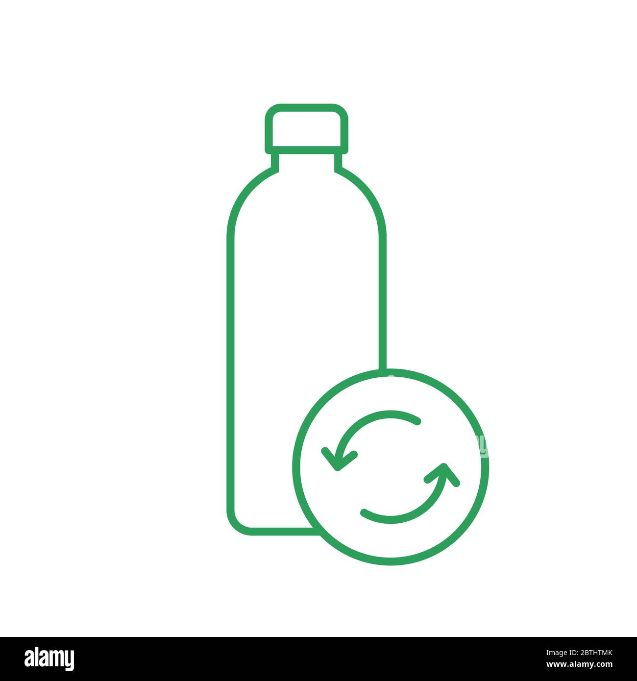 Icona a linea sottile del flacone riutilizzabile con simbolo di riciclo. Bottiglia in vetro restituibile. Stile di vita sostenibile. Contorno verde su sfondo bianco. Zero sprechi Illustrazione Vettoriale