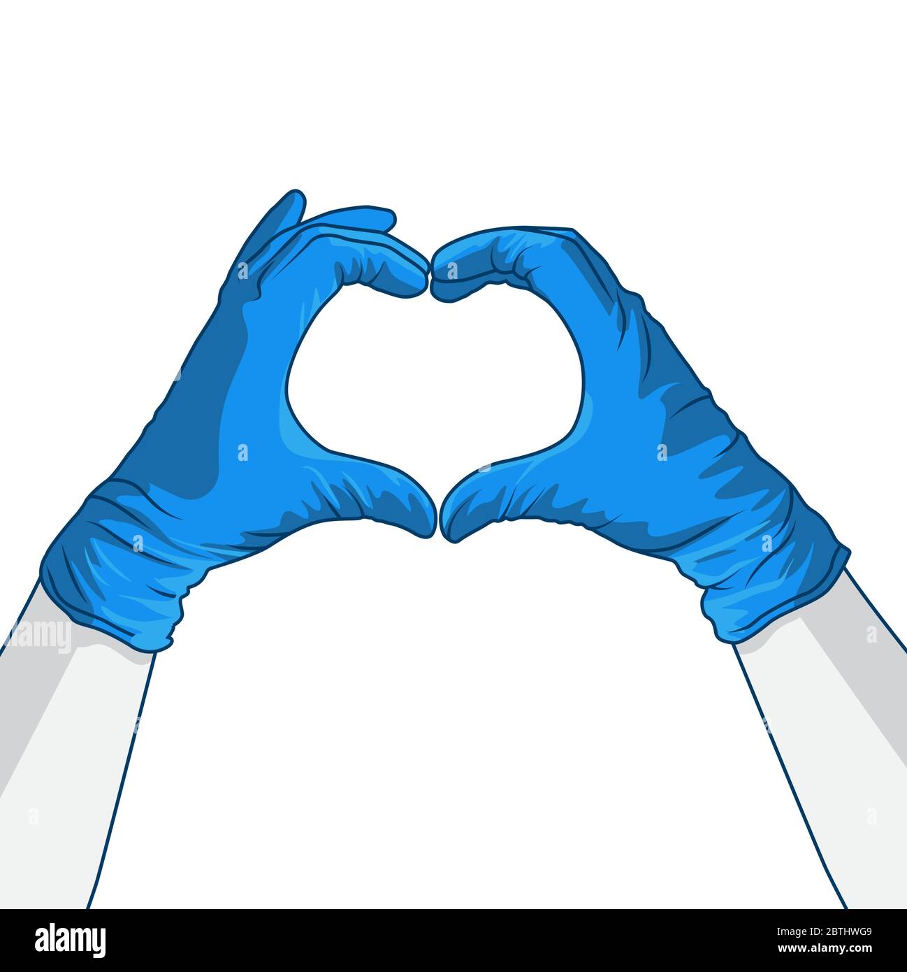Il gesto della mano crea un cuore simbolo dell'amore mentre si indossano guanti protettivi in lattice blu DPI. Il personale medico rispetta l'illustrazione vettoriale. Illustrazione Vettoriale