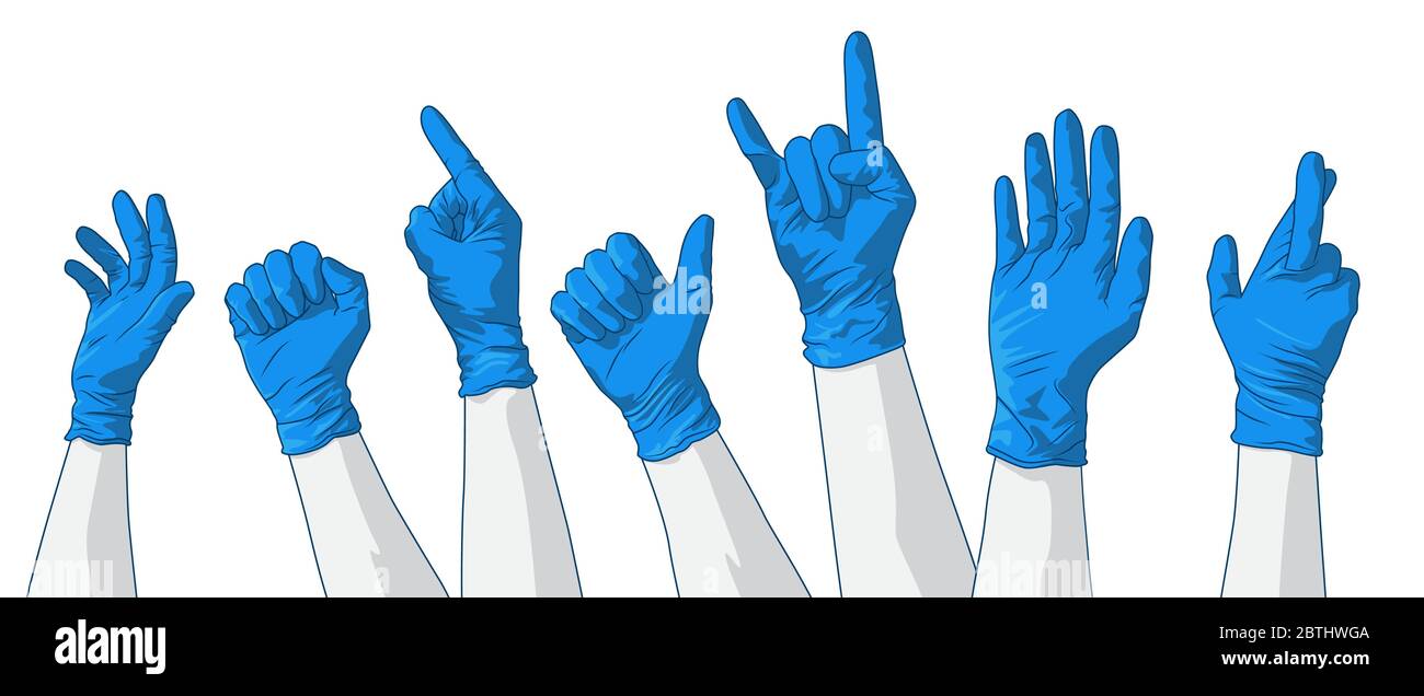 Una collezione di vari gesti delle mani che indossano guanti in lattice di protezione DPI. Illustrazione Vettoriale