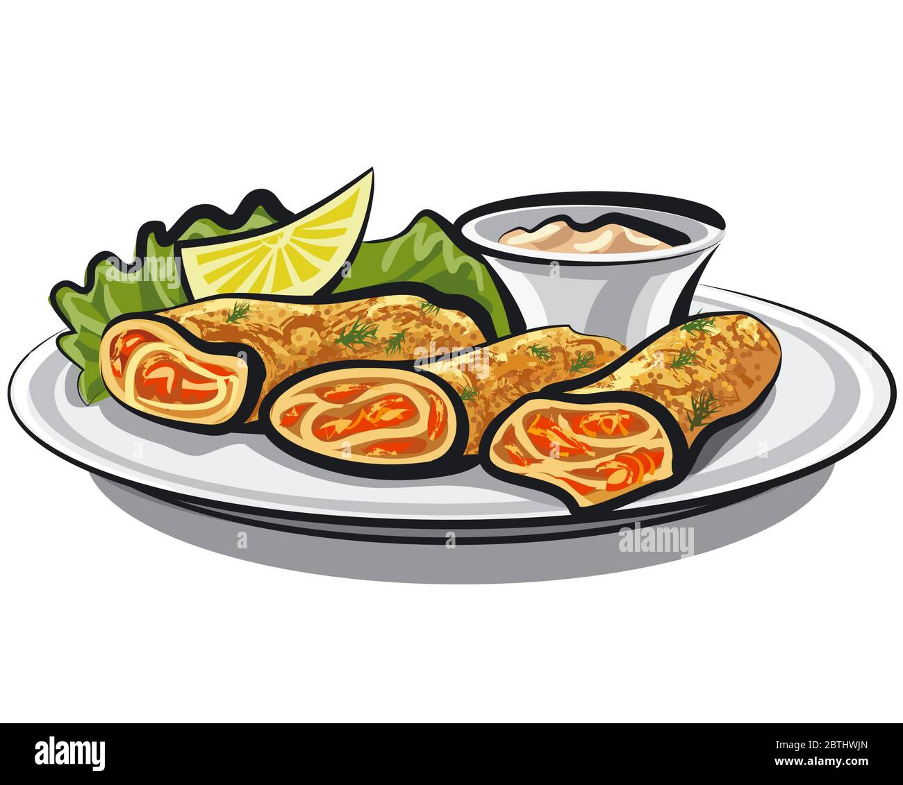 illustrazione dei pancake con salmone e salsa sul piatto Illustrazione Vettoriale