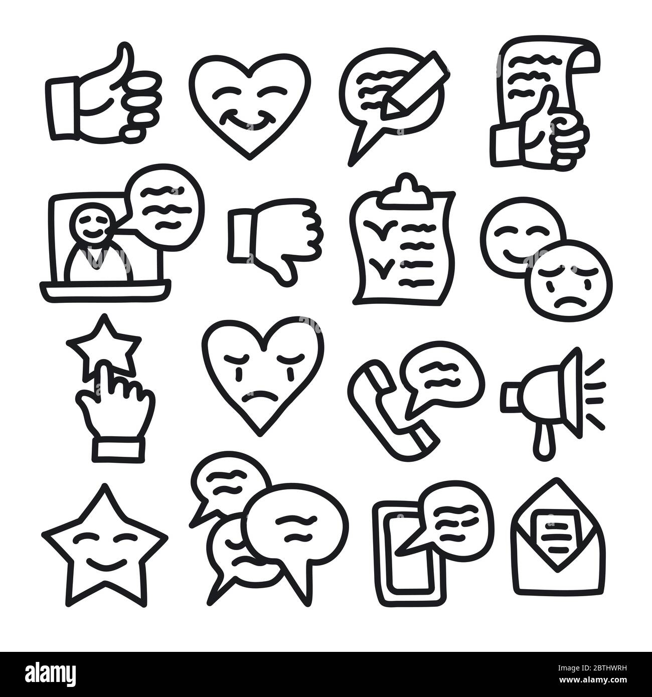 Set di Testimonianze icone di linea vettoriale correlate. Contiene icone come simboli di gestione delle relazioni con i clienti, feedback, revisione ed emozione Illustrazione Vettoriale