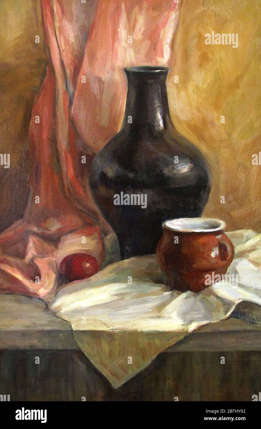 Vita still rustica con una caraffa nera e un uovo, dipinto ad olio Foto Stock