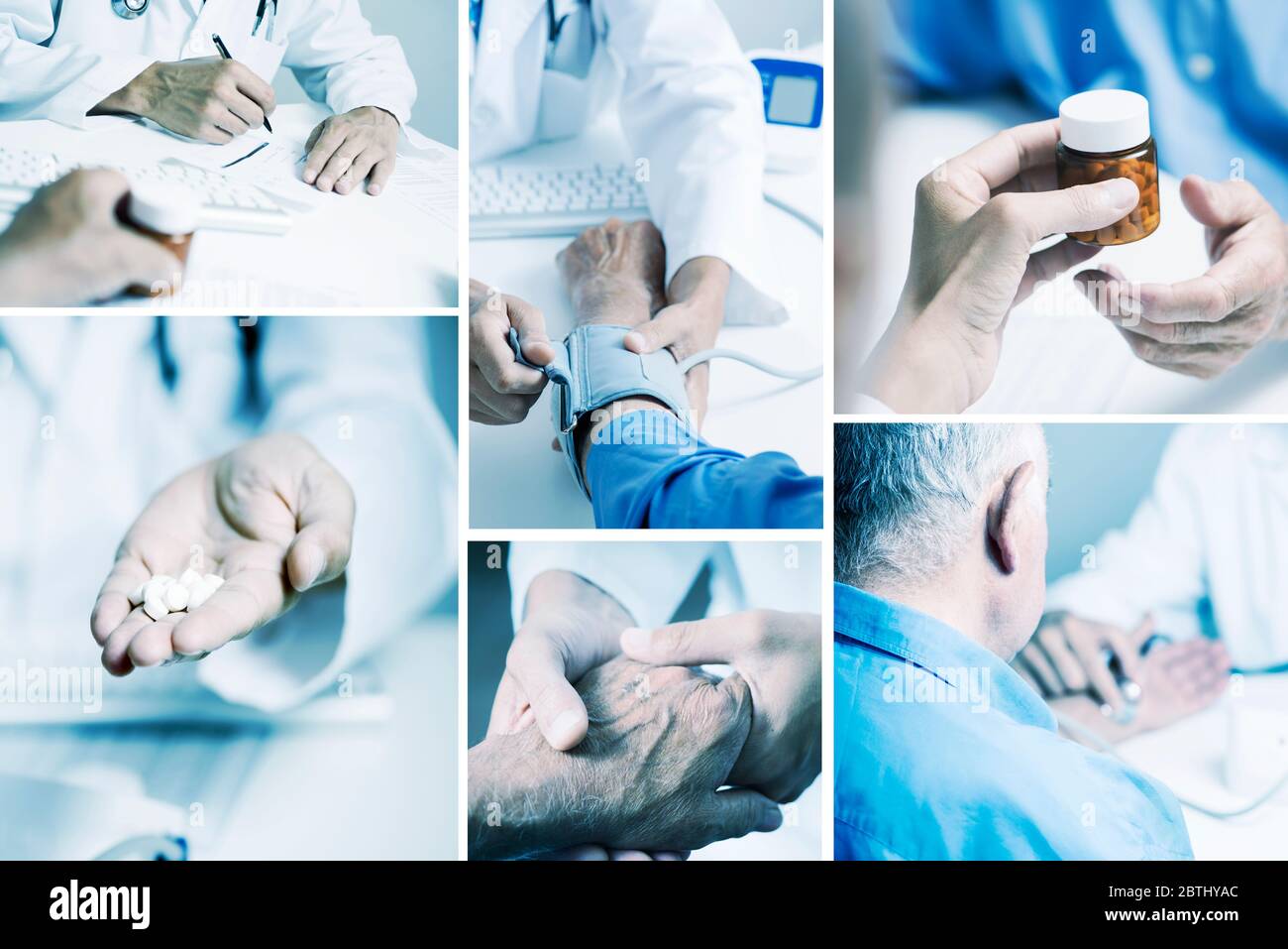 collage di diverse immagini di un medico, in un mantello bianco, che misura la pressione sanguigna di un anziano paziente caucasico, prescrivendo un medico Foto Stock