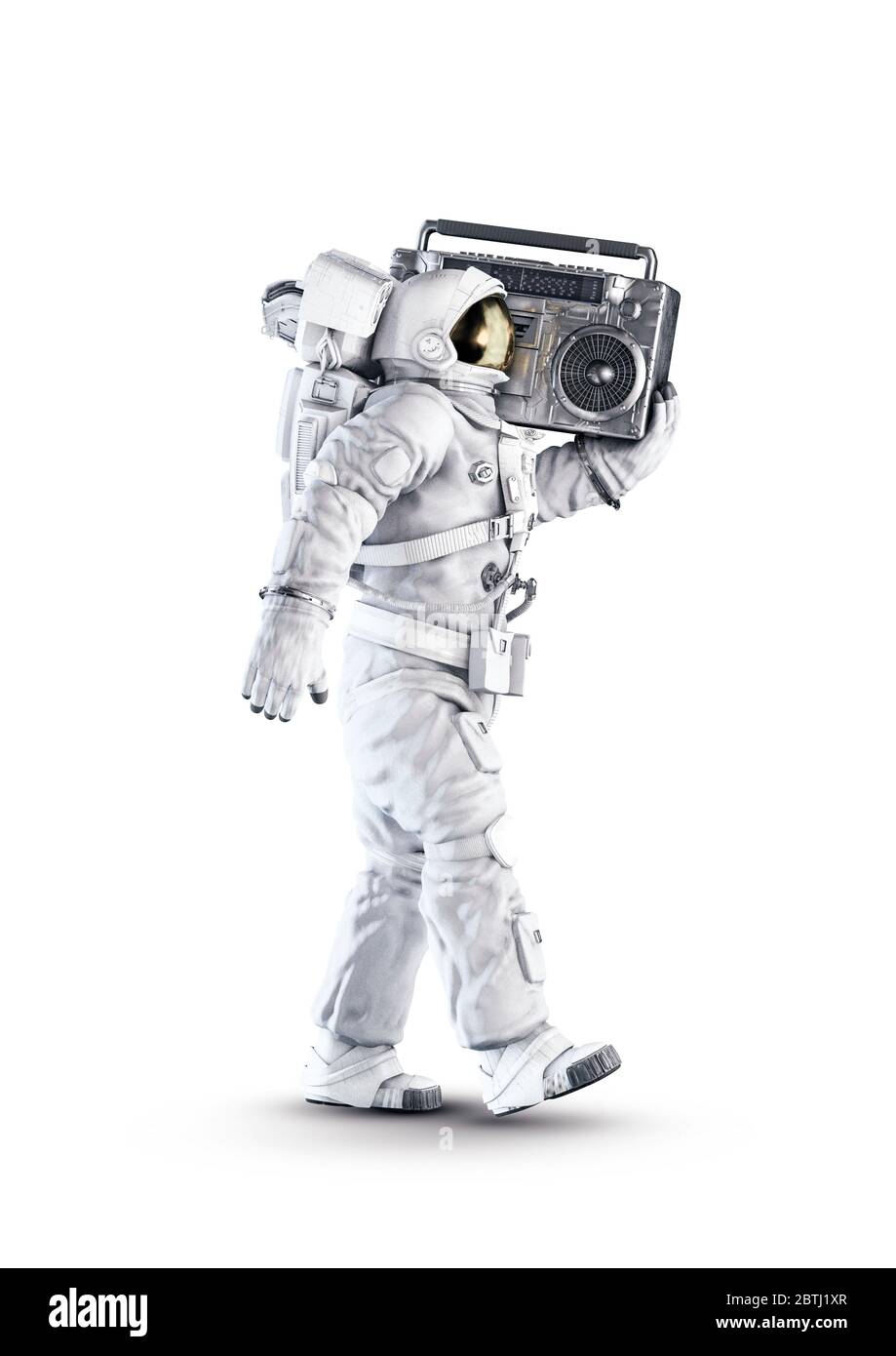 Astronauta con boombox / illustrazione 3D di spazio vestito da uomo che porta retrò 80 stereo cassetta giocatore isolato su bianco studio backgrou Foto Stock