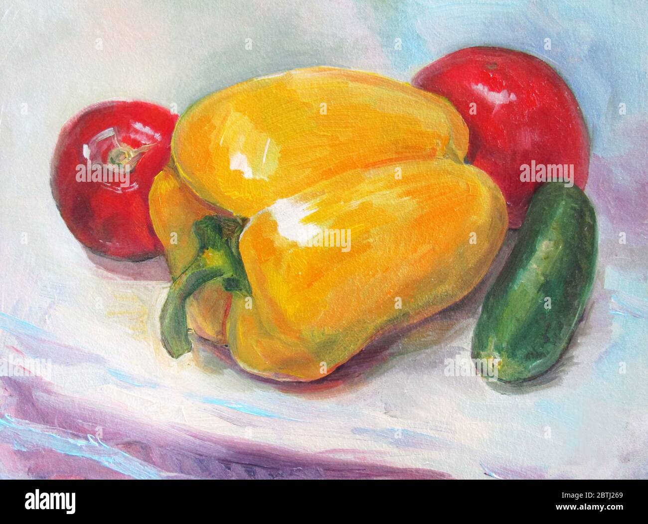 Pepe giallo, pomodoro e cetriolo, olio pittura Foto Stock