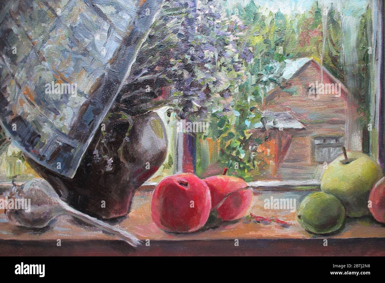 Vista sulla finestra del villaggio, davanzale con mele, dipinto ad olio Foto Stock