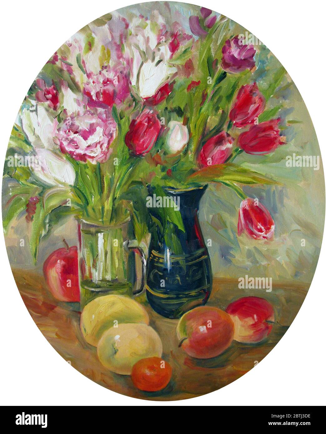still life ovale con tulipani e frutta, pittura ad olio Foto Stock