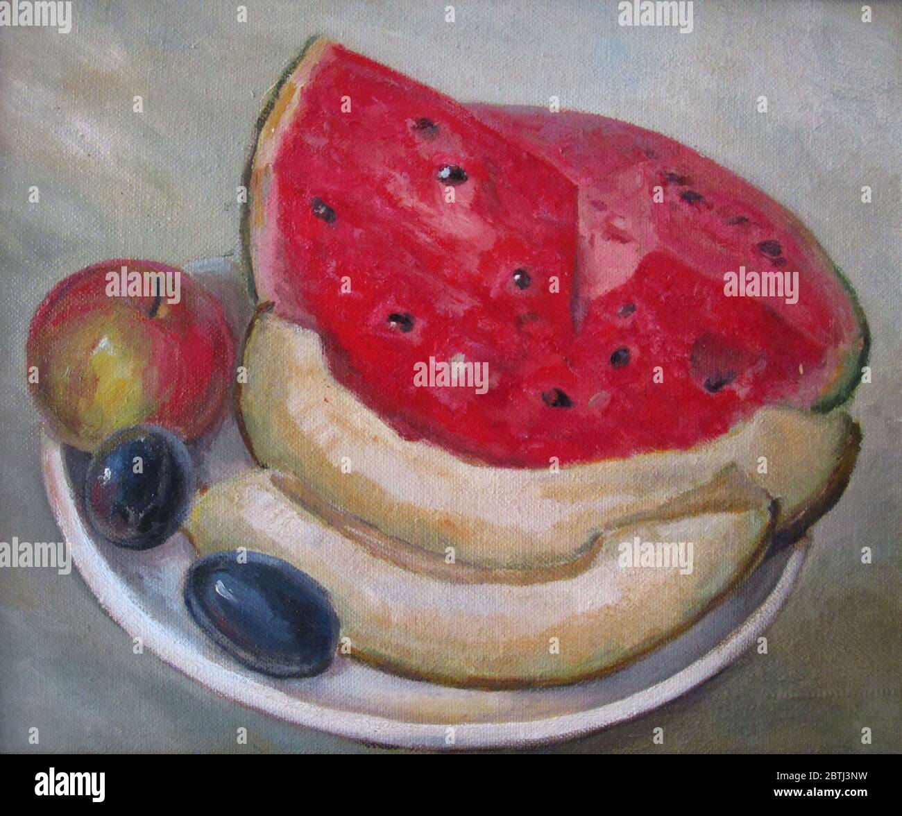 ancora vita con melone tritato, anguria e prugne, pittura ad olio Foto Stock