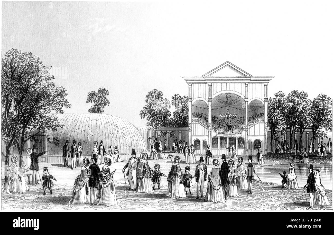 Un'incisione dei giardini zoologici di Surrey scansionata ad alta risoluzione da un libro stampato nel 1851. Si ritiene che questa immagine sia priva di tutti i diritti d'autore. Foto Stock